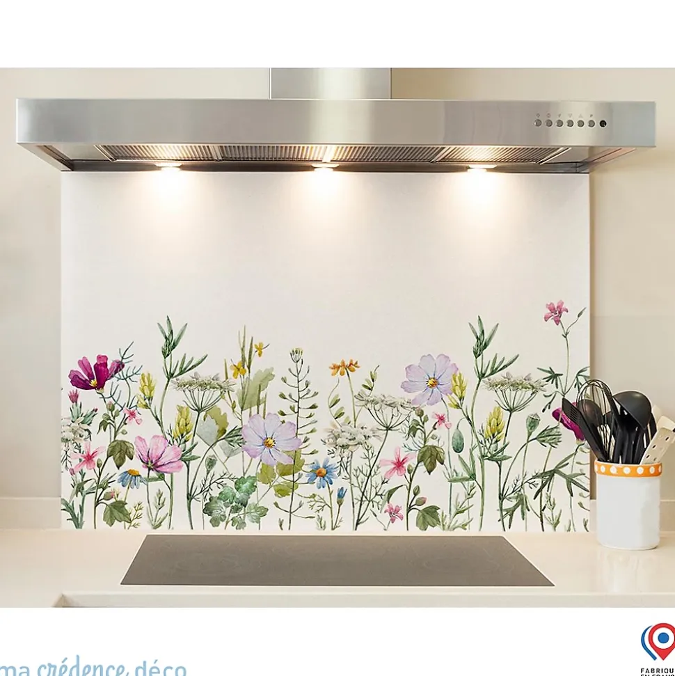 Crédence cuisine fond de hotte Dessin fleurs et aquarelle 2 - Verre trempé - L 90 cm x H 70 cm - MaCrédenceDéco