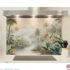 Crédence cuisine fond de hotte Jungle tropicale colorée - Verre trempé - L 90 cm x H 50 cm - MaCrédenceDéco