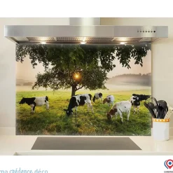Crédence cuisine fond de hotte Arbre et vaches - Verre trempé - L 90 cm x H 70 cm - MaCrédenceDéco