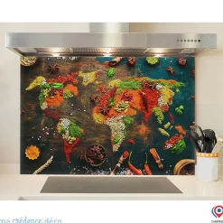 Crédence cuisine fond de hotte Epices et carte du monde 2 - Alu composite - L 90 cm x H 70 cm - MaCrédenceDéco
