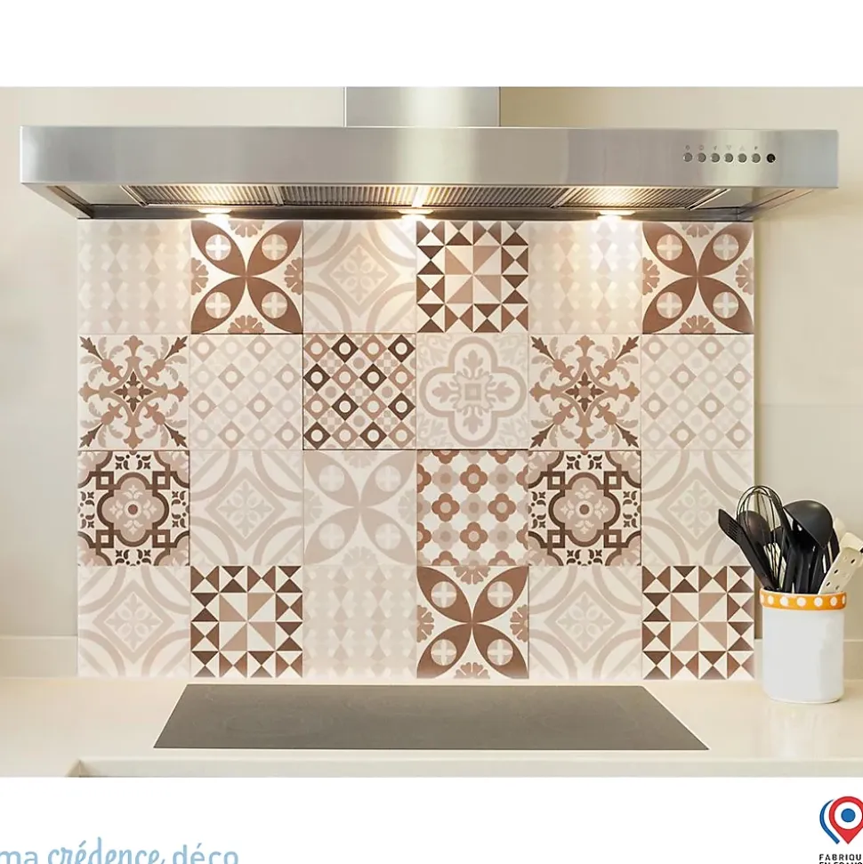 Crédence cuisine fond de hotte Carreaux ciment ocre - Verre trempé - L 60 cm x H 45 cm - MaCrédenceDéco