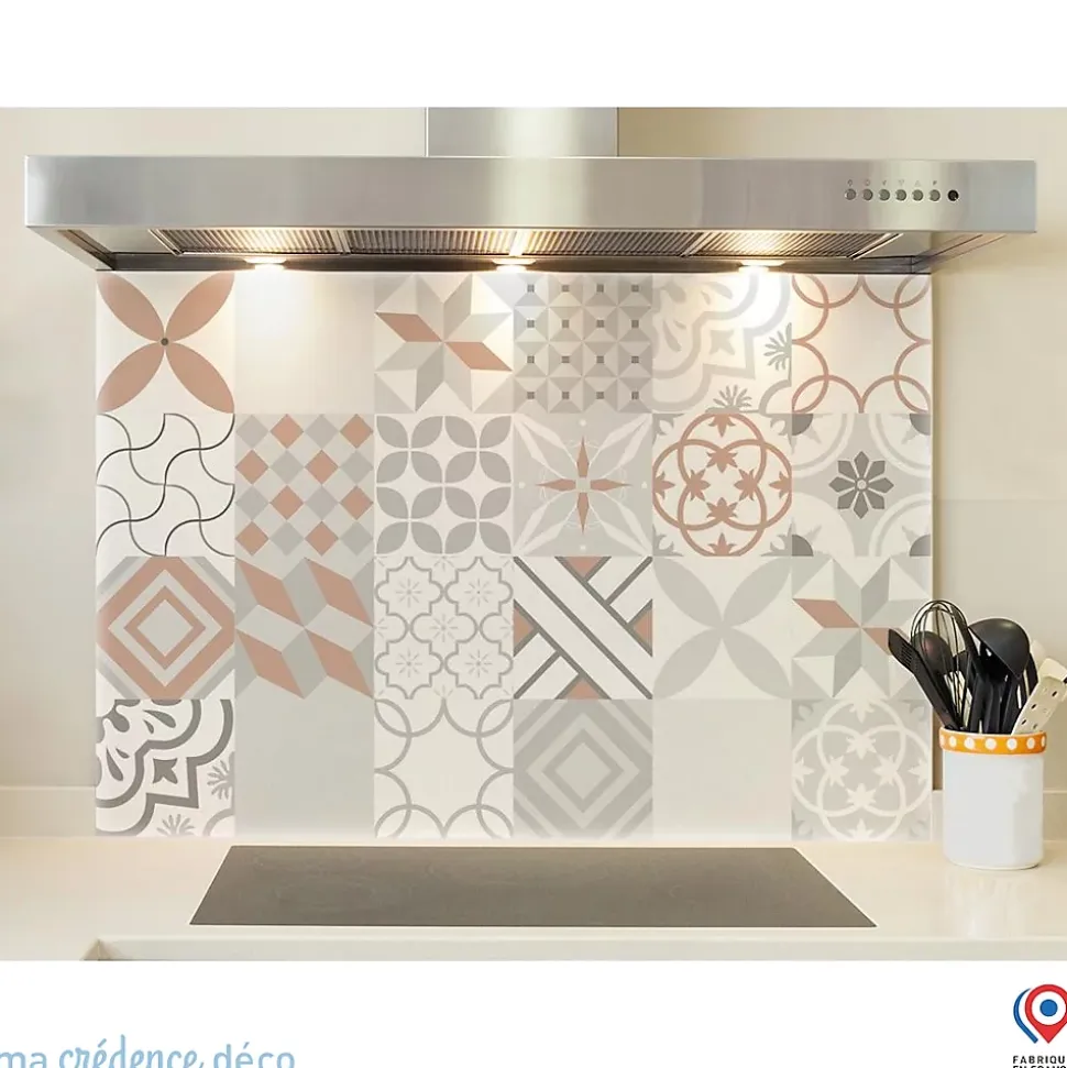 Crédence cuisine fond de hotte Carreaux ciment rouge - Verre trempé - L 90 cm x H 50 cm - MaCrédenceDéco