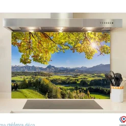 Crédence cuisine fond de hotte feuillage et montagnes - Alu composite - L 90 cm x H 60 cm - MaCrédenceDéco