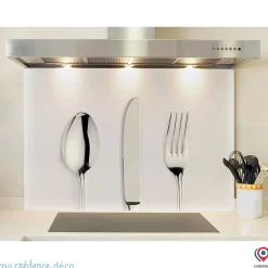 Crédence cuisine fond de hotte Couverts sur fond blanc - Verre trempé - L 90 cm x H 70 cm - MaCrédenceDéco