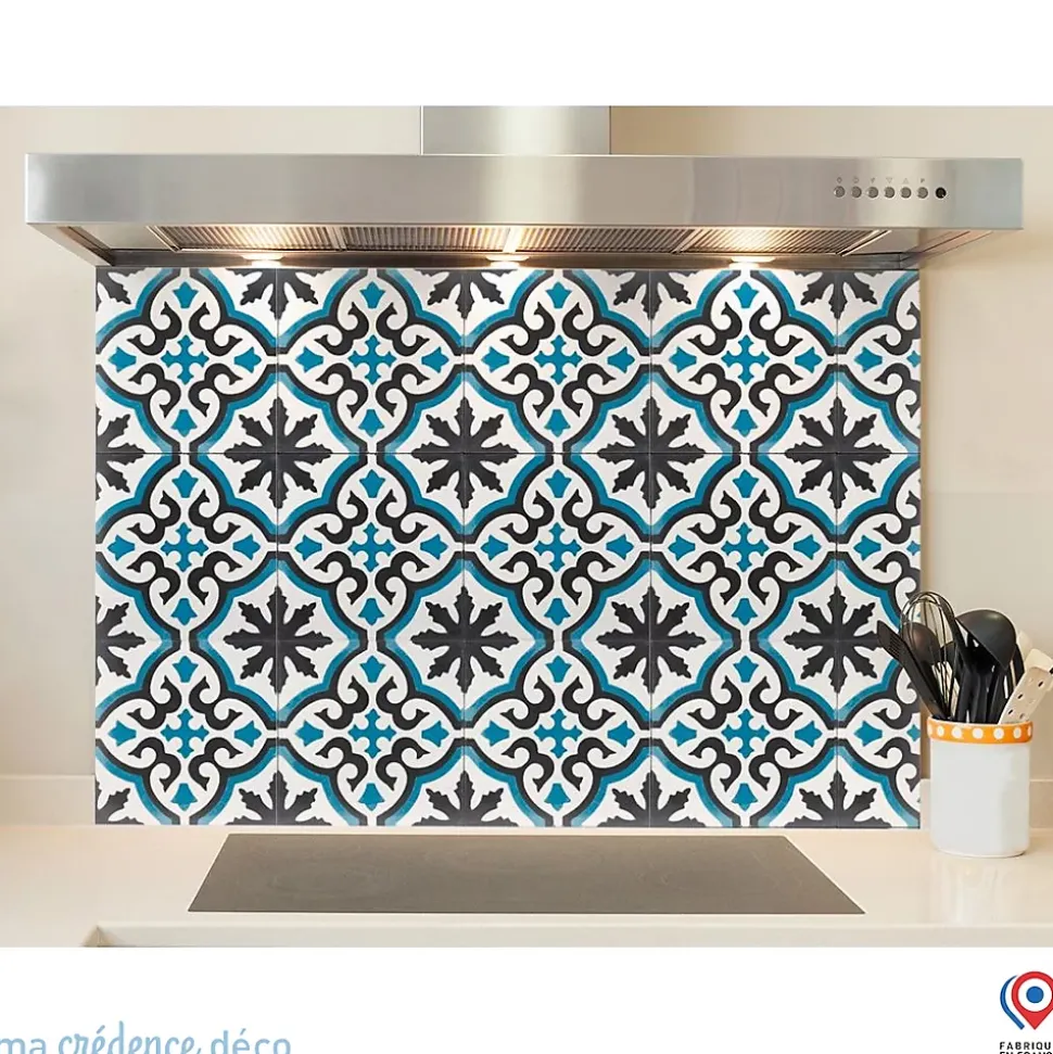 Crédence cuisine fond de hotte Carrelage classique bleu - Verre trempé - L 70 cm x H 60 cm - MaCrédenceDéco