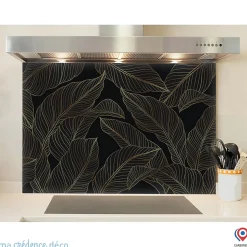 Crédence cuisine fond de hotte feuilles dorées 3 - Verre trempé - L 60 cm x H 45 cm - MaCrédenceDéco