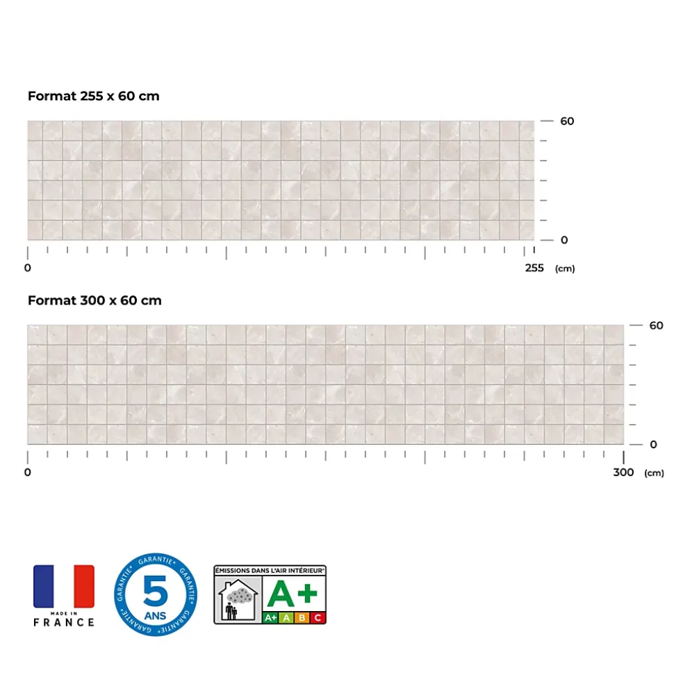 Crédence de cuisine effet marbre blanc carré IDPanneaux L. 255 x H. 60 cm