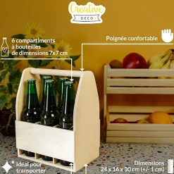 Creative Deco Porte-Bière en Bois pour 6 Bouteilles - Coffret 24x16x30 cm - Panier Cadeau Homme - Range-Bouteilles Pratique