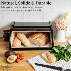 Creative Home Boîte à Pain Noir - 38 x 28,5 x 17,5 cm (+/- 1 cm) - Boite a Pain Bois - Huche à Pain - Boite en Bois