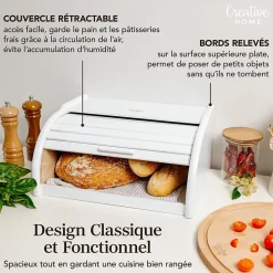 Creative Home Boîte à Pain Blanc - 38 x 28,5 x 17,5 cm (+/- 1 cm) - Boite a Pain Bois - Huche à Pain - Boite en Bois