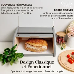 Creative Home Boîte à Pain Gris - 38 x 28,5 x 17,5 cm (+/- 1 cm) - Boite a Pain Bois - Huche à Pain - Boite en Bois