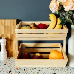 Creative Home Corbeille à Fruits en Bois à Deux Étages 36x28x30cm - Panier de Fruits - Fruits Légumes - Stockage et Organisation