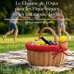 Creative Home Grand Panier Osier Avec Poignée - Bordure À Pois Rouge - 43 x 32 x 37 cm - Brun Naturel