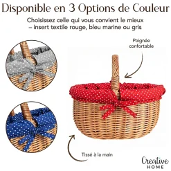 Creative Home Grand Panier Osier Avec Poignée - Bordure À Pois Rouge - 43 x 32 x 37 cm - Brun Naturel