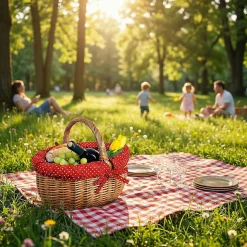 Creative Home Grand Panier Osier Avec Poignée - Bordure À Pois Rouge - 43 x 32 x 37 cm - Brun Naturel