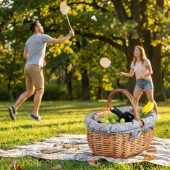 Creative Home Grand Panier Osier Avec Poignée - Bordure À Pois Gris - 43 x 32 x 37 cm - Brun Naturel