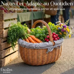 Creative Home Grand Panier Osier Avec Poignée - Bordure À Pois Gris - 43 x 32 x 37 cm - Brun Naturel