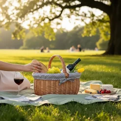 Creative Home Grand Panier Osier Avec Poignée - Bordure À Pois Gris - 43 x 32 x 37 cm - Brun Naturel
