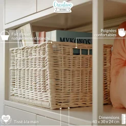 Creative Home Panier De Rangement En Osier Blanc 40 x 30 x 24 cm - Petit Panier Tressé Pour Salle De Bain Cuisine Maison