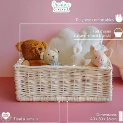 Creative Home Panier De Rangement En Osier Blanc 40 x 30 x 16 cm - Petit Panier Tressé Pour Salle De Bain Cuisine Maison