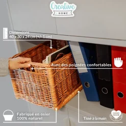 Creative Home Panier De Rangement En Osier 40 x 30 x 24 cm - Petit Panier Tressé Rectangulaire Pour Salle De Bain Cuisine Maison