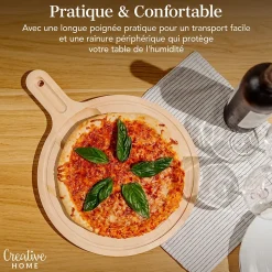 Creative Home Pizza Planche a Decouper en Bois 40x30x1,5cm - Poignée Rainure pour Jus et Espace pour Bol - Bois de Hêtre Naturel