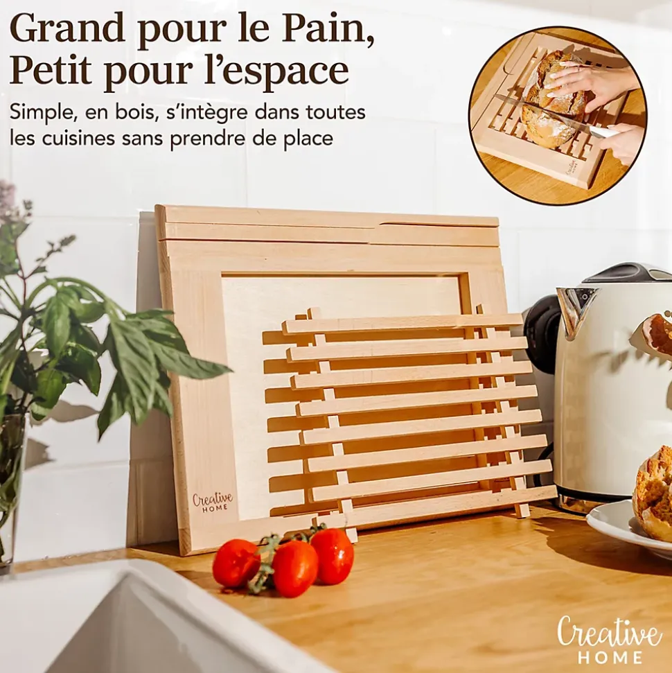 Creative Home Planche a Decouper en Bois - 35,5 x 28,5 x 2 cm - avec Compartiment Ramasse Miette Amovible - Bois de Hêtre Naturel