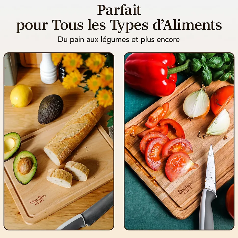 Creative Home Planche a Decouper Bois - 30,5 x 22,5 cm - avec Rainure pour le Jus - Bois de Hêtre Naturel - Double Face