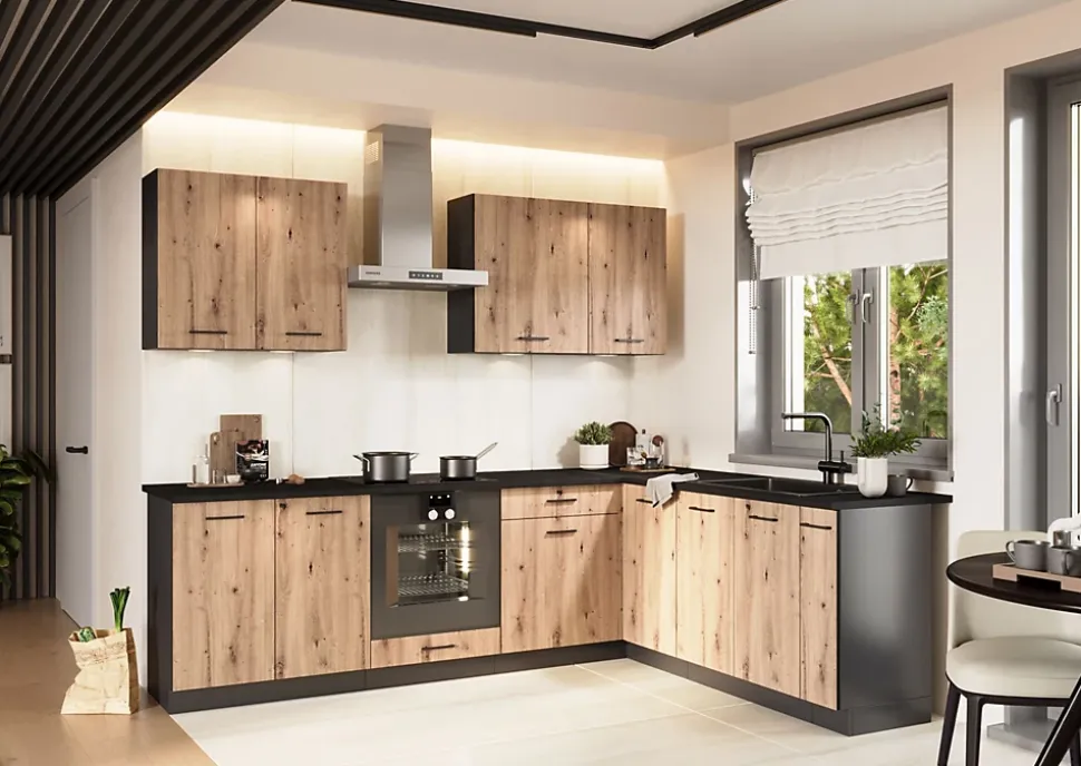 CUISINE COMPLETE ANIKA CHENE ANGLE 260X200 NON MONTEE SANS ELECTROMENAGER - 9 MEUBLES