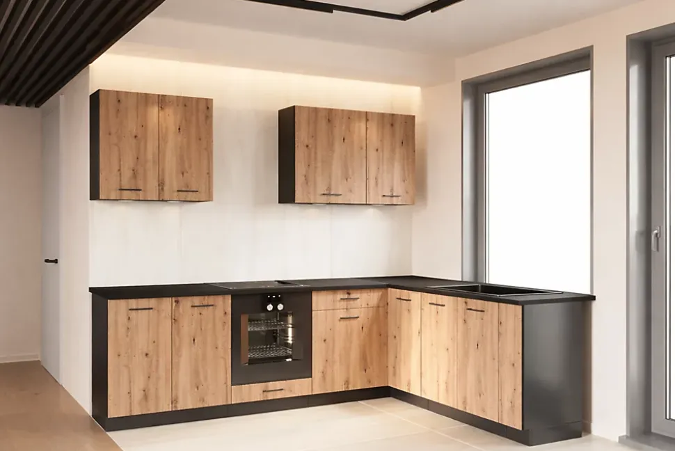 CUISINE COMPLETE ANIKA CHENE ANGLE 260X200 NON MONTEE SANS ELECTROMENAGER - 9 MEUBLES