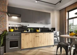 CUISINE COMPLETE CLARA gris et chêne 2M40 NON MONTEE SANS ELECTROMENAGER 7 meubles