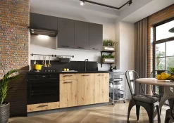 CUISINE COMPLETE CLARA gris et chêne 1m80 NON MONTEE SANS ELECTROMENAGER 6 meubles