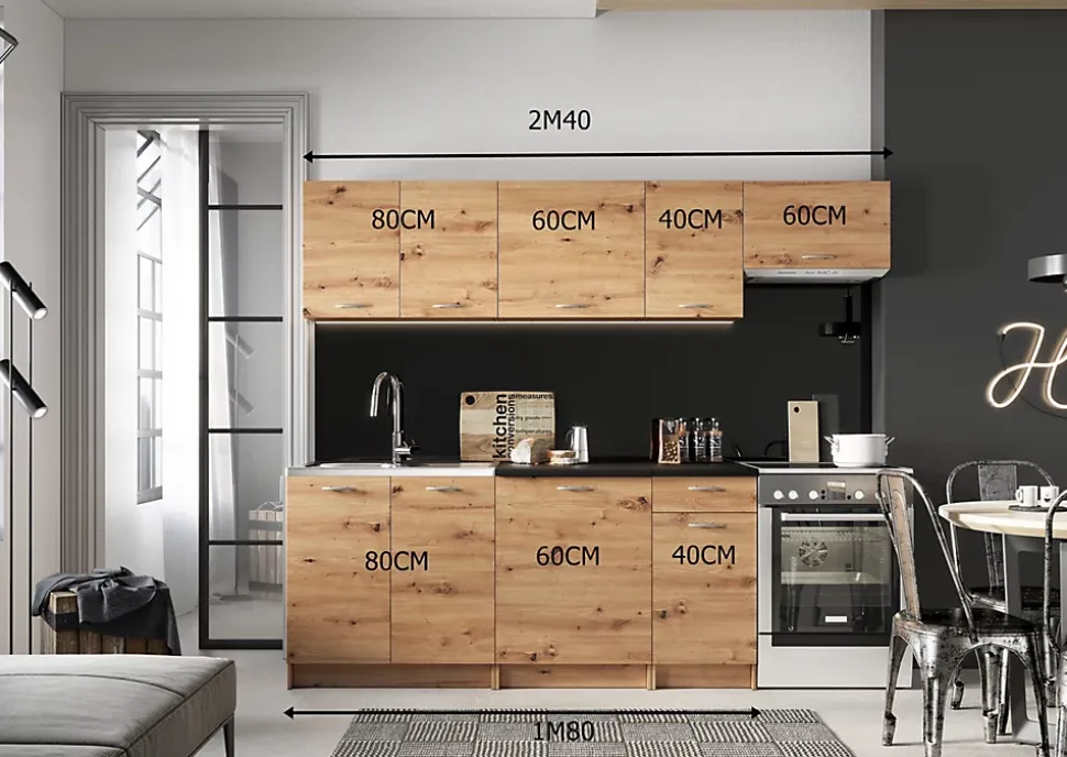 CUISINE COMPLETE 1ER PRIX MELA CHENE FONCE 2M40 NON MONTEE SANS ELECTROMENAGER 7 MEUBLES