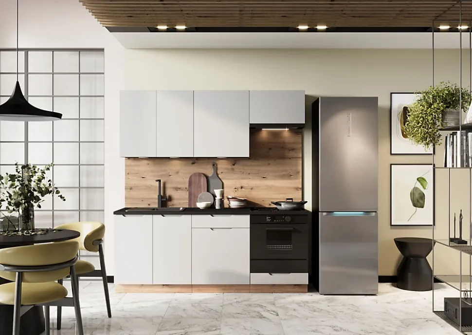 CUISINE COMPLETE ISABEL GRIS CLAIR 2M00 NON MONTEE SANS ELECTROMENAGER 6 MEUBLES