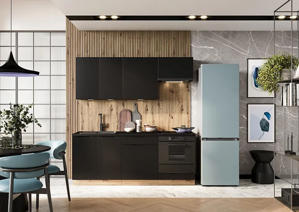 CUISINE COMPLETE ISABEL NOIR MAT 2M00 NON MONTEE SANS ELECTROMENAGER 6 MEUBLES