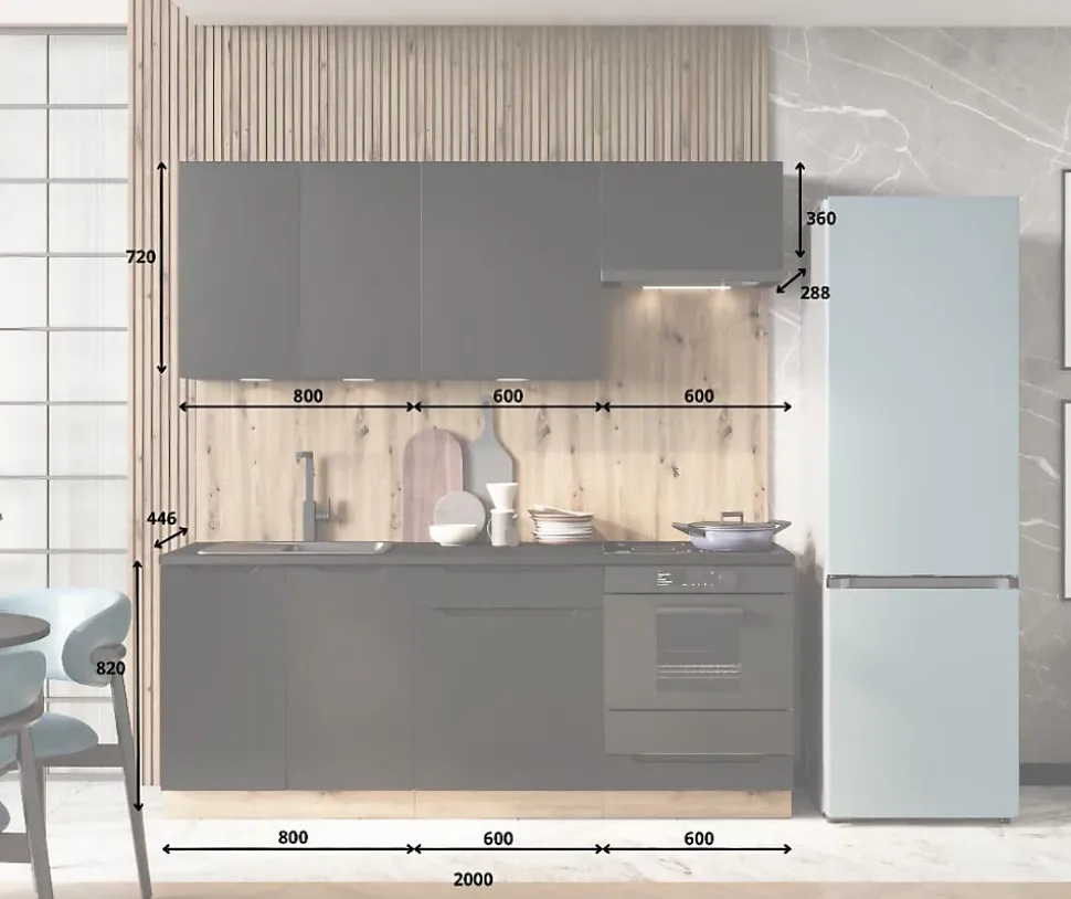 CUISINE COMPLETE ISABEL NOIR MAT 2M00 NON MONTEE SANS ELECTROMENAGER 6 MEUBLES