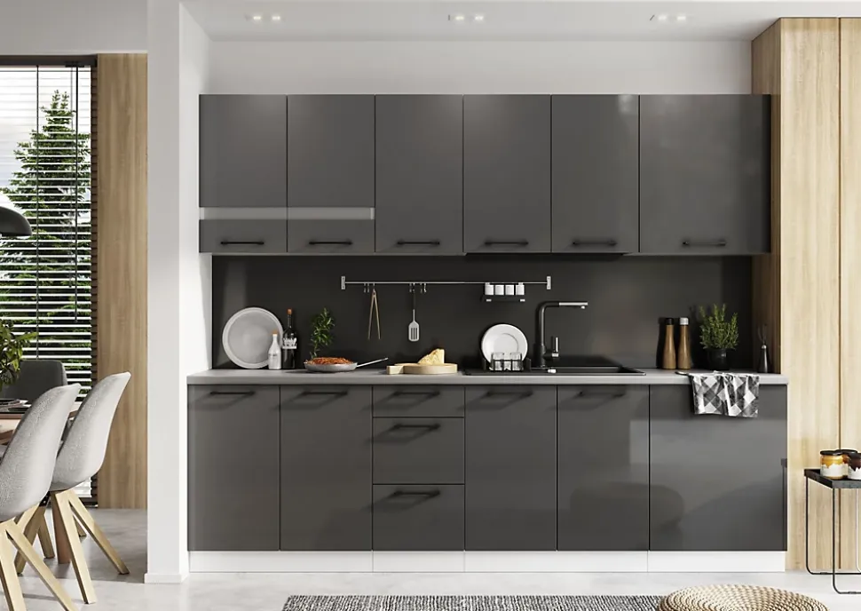 CUISINE COMPLETE OSCAR GRIS 2M60 NON MONTEE SANS ELECTROMENAGER 8 MEUBLES