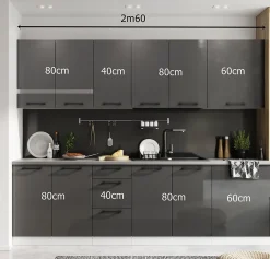 CUISINE COMPLETE OSCAR GRIS 2M60 NON MONTEE SANS ELECTROMENAGER 8 MEUBLES