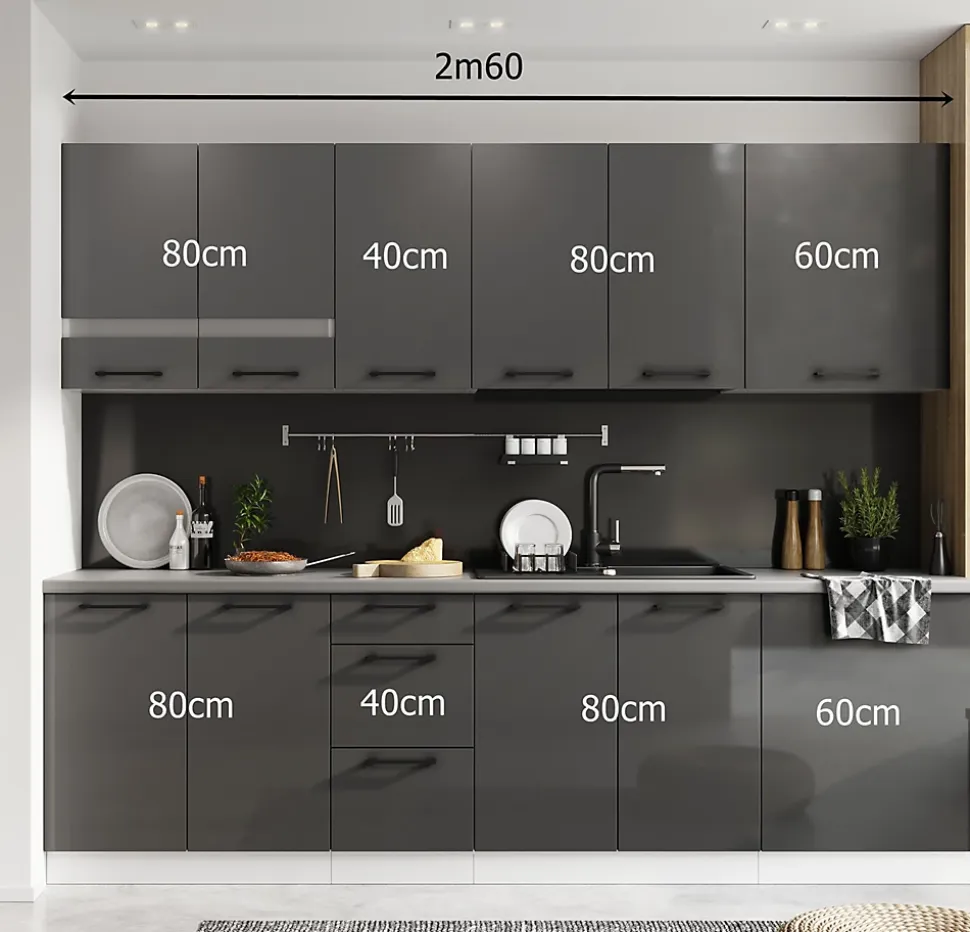 CUISINE COMPLETE OSCAR GRIS 2M60 NON MONTEE SANS ELECTROMENAGER 8 MEUBLES