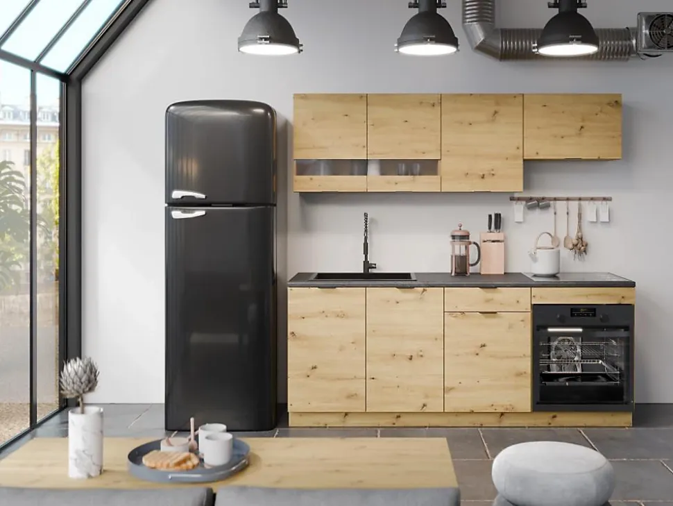 Cuisine complète - Avec plan de travail 200 cm - Naturel et Anthracite - CARMEO