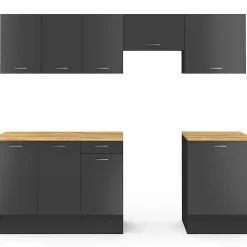 Cuisine complète 240 cm SUBTIL avec plan de travail 7 éléments noir et plateaux bois