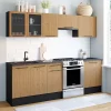 Cuisine complète 240 cm SUBTIL avec vitrine + plan de travail 7 éléments noir et façon hêtre