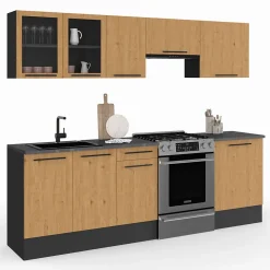 Cuisine complète 240 cm SUBTIL avec vitrine + plan de travail 7 éléments noir et façon hêtre
