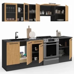 Cuisine complète 240 cm SUBTIL avec vitrine + plan de travail 7 éléments noir et façon hêtre