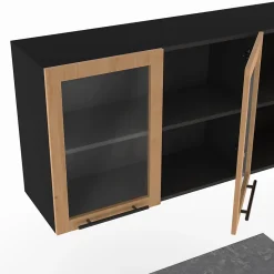 Cuisine complète 240 cm SUBTIL avec vitrine + plan de travail 7 éléments noir et façon hêtre