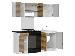 Cuisine complète 180 cm,Ensemble de meuble de cuisine coloris Chêne delano/Blanc, plan de travail Noir inclus