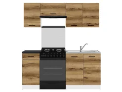 Cuisine complète 180 cm,Ensemble de meuble de cuisine coloris Chêne delano/Blanc, plan de travail Noir inclus