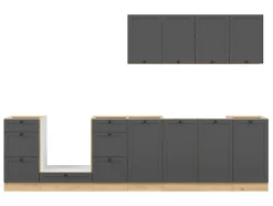 Cuisine complète 300 cm,Ensemble de meuble de cuisine coloris Gris graphite/Chêne bernstien, plan de travail non inclus