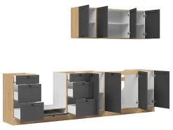 Cuisine complète 300 cm,Ensemble de meuble de cuisine coloris Gris graphite/Chêne bernstien, plan de travail non inclus