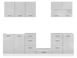 Cuisine complète 260 cm,Ensemble de meuble de cuisine coloris Blanc/Gris clair brillant, plan de travail non inclus